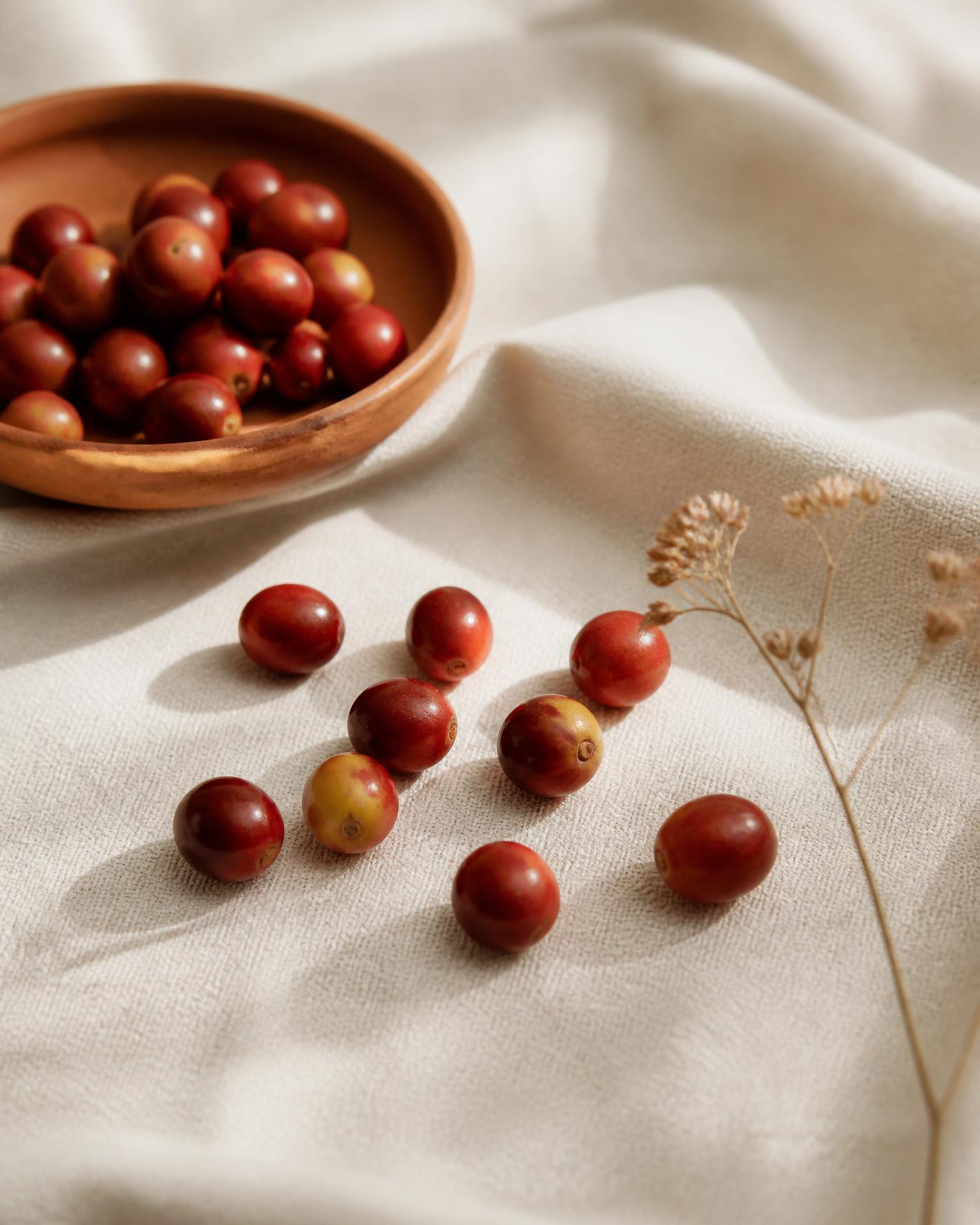 Cerezas de café recién recogidas sobre lino natural