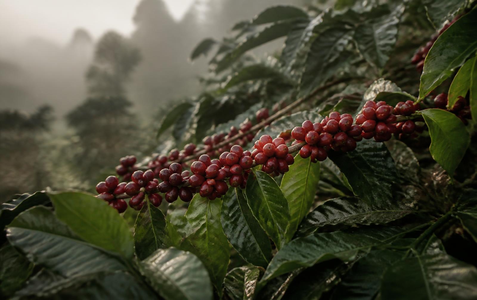 Rama de cafeto Pache Rojo cargada de cerezas maduras entre niebla en el altiplano de Guatemala